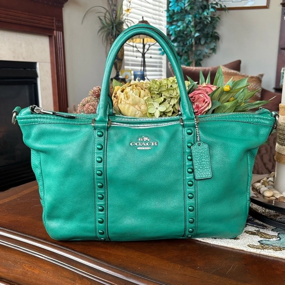 Coach Green Leather Handbag Central Satchel Rivet Leaf Enamel Studded